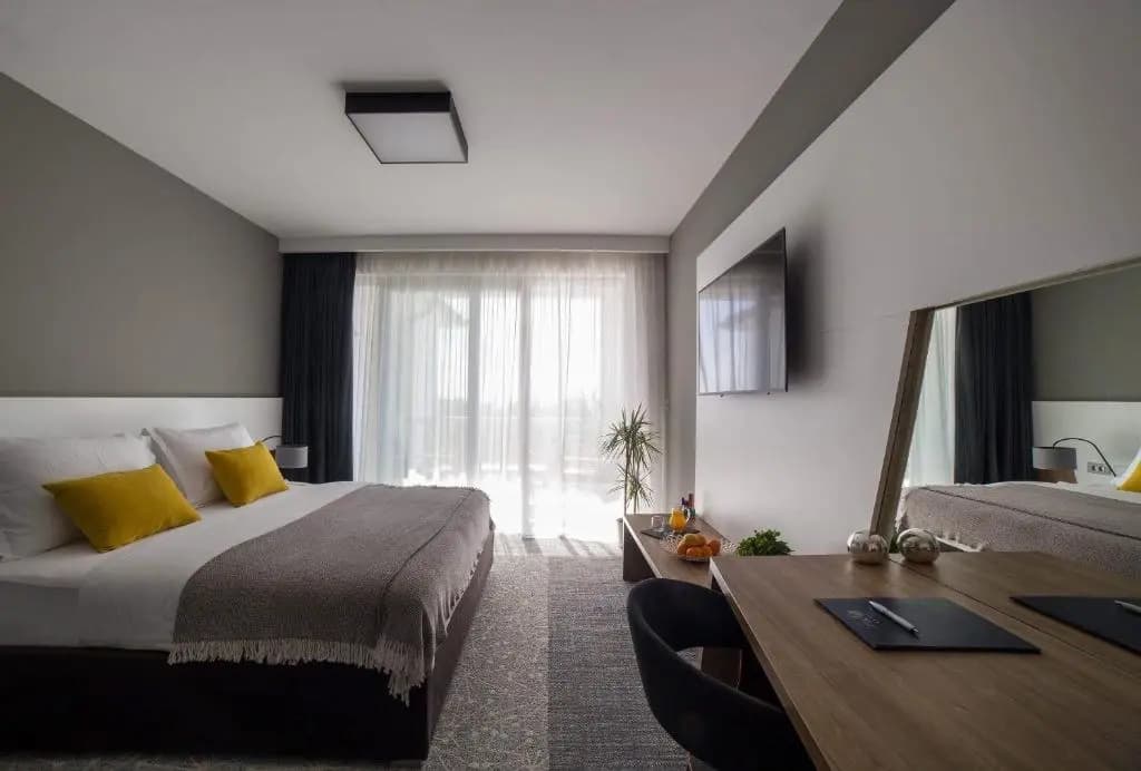 Deluxe Double room with balcony and with pool view full double bed